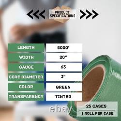 25 Rolls Green Tinted Machine Stretch Wrap 20x5000' 63 Gauge Pallet Shrink Film