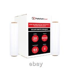 2 Rolls Dark Machine Stretch Wrap 20 x 5000' 63 Gauge White Plastic Shrink Film