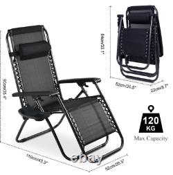 2 x Sun Lounger Garden Chairs with Cup Holder and Headrest Pillow Heavy Duty