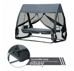 3 Seat Swing Hammock Bed Heavy Duty Garden Bench Patio Grey With Mesh Wall 2-in-1