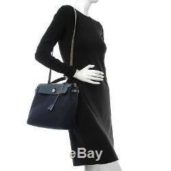 Authentic hermes leather And Canvas Herbag handbag Navy Blue