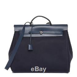 Authentic hermes leather And Canvas Herbag handbag Navy Blue