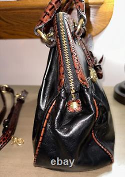 BRAHMIN Sara Rose Black Tuscan leather satchel shoulder bag purse withRoses EUC