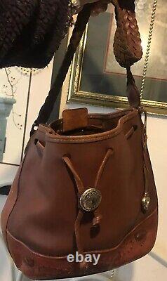 BRIGHTON Out West Hand-Stitched Western VINTAGE brown thick LEATHER Shoulder BAG