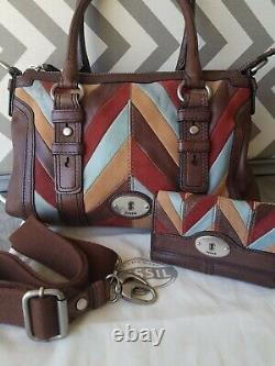 Fossil Maddox Brown Leather Chevron Patchwork Satchel Crossbody & Wallet Set