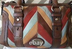 Fossil Maddox Brown Leather Chevron Patchwork Satchel Crossbody & Wallet Set