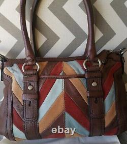 Fossil Maddox Brown Leather Chevron Patchwork Satchel Crossbody & Wallet Set