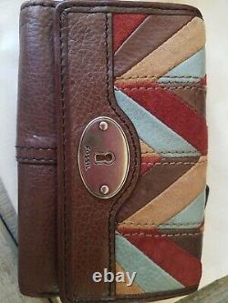 Fossil Maddox Brown Leather Chevron Patchwork Satchel Crossbody & Wallet Set