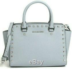 Michael Kors Selma Stud Satchel Dusty Blue Silver Saffiano Leather Bag Pursenwt