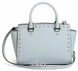 Michael Kors Selma Stud Satchel Dusty Blue Silver Saffiano Leather Bag Pursenwt