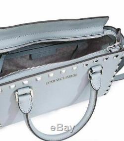 Michael Kors Selma Stud Satchel Dusty Blue Silver Saffiano Leather Bag Pursenwt