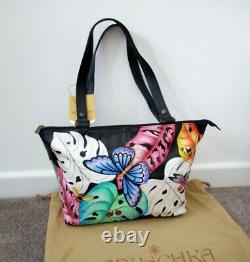 NWT Women's Anuschka Hand Painted Leather Lovely Leaves Tote Shoulder Handbag