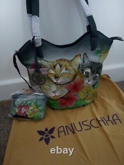 NWT Womens Anuschka Leather Hand Painted Three Kittens Tote Shoulder Handbag