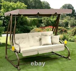 Somerset Garden Brown Cream 3Seater swing converts to bed HeavyDuty Strong Frame