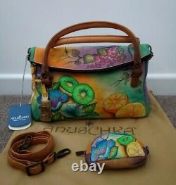 Womens Anuschka Leather Hand Painted Flap Over Convertible Cross Body Handbag