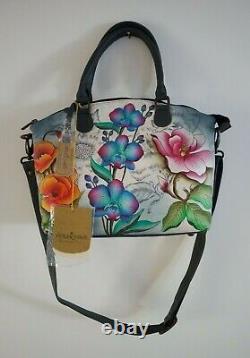 Womens Anuschka Leather Hand Painted Floral Fantasy Satchel Cross Body Handbag