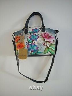 Womens Anuschka Leather Hand Painted Floral Fantasy Satchel Cross Body Handbag
