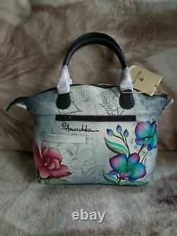 Womens Anuschka Leather Hand Painted Floral Fantasy Tote Cross Body Handbag