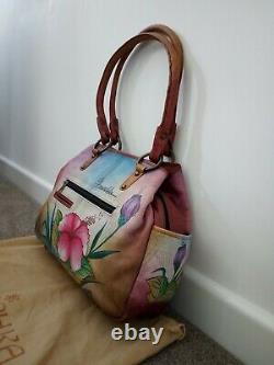 Womens Anuschka Leather Hand Painted Hawaiian Hibiscus Satchel Shoulder Handbag