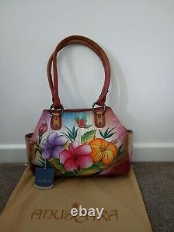 Womens Anuschka Leather Hand Painted Hawaiian Hibiscus Satchel Shoulder Handbag