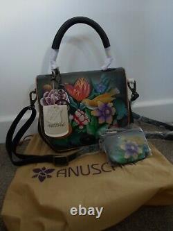 Womens Anuschka Leather Hand Painted Vintage Bouquet Travels Cross Body Handbag
