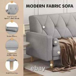 Yaheetech Light Grey Button-tufted 3-Seater Convertible Sofa Bed with pillows
