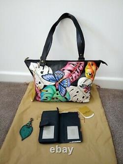 Femme Anuschka Hand Painted Leather Lovelyleaves Tote Shoulder Handbag +wallet